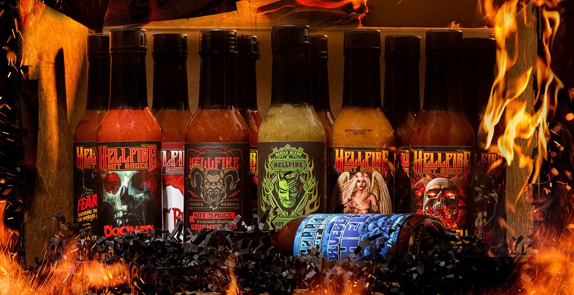 Hellfire Hot Sauce bottles.